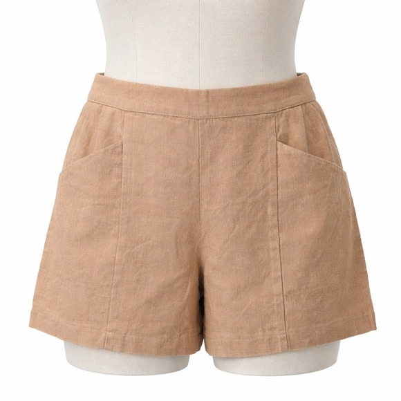 VETTA Pants - Vetta 100% Linen High Rise Pocket Shorts Size L Tan Elastic Minimalist Capsule